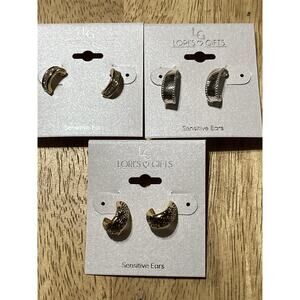 Gold tone Silver Hoops Earrings by Lori's Gifts for Sensitive Ears NWT Lot Of 3